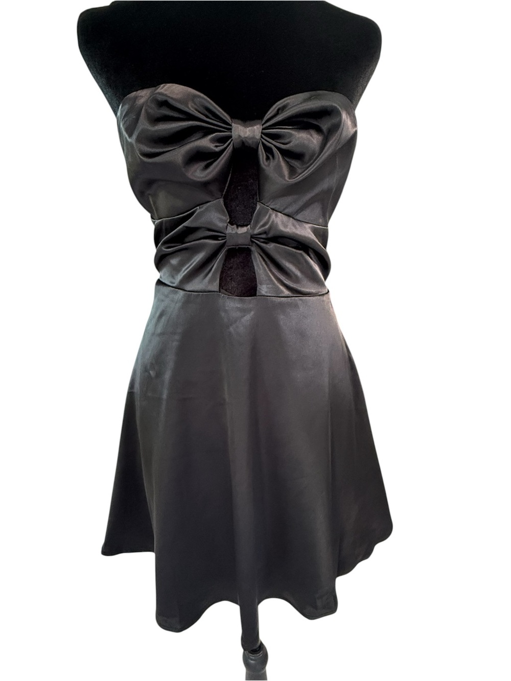 Altar’d State Vanna Satin Mini Dress Black Strapless Bow Flare XL NWT